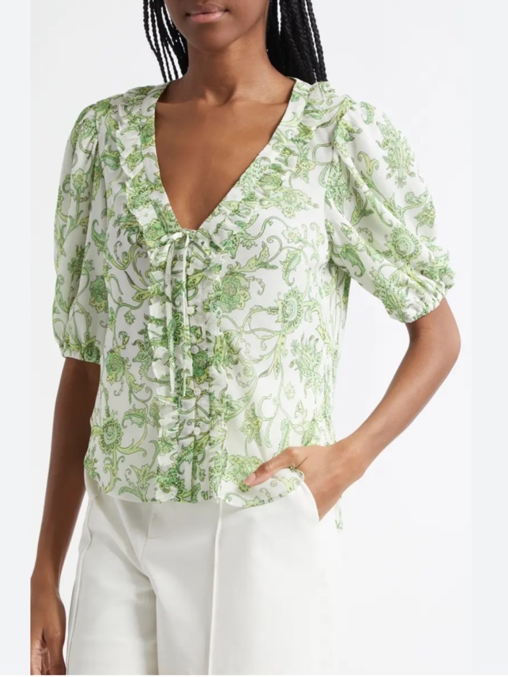 Cinq a Sept Ivy Paisley Seraphina in Ivory and Green Ruffled Blouse - Picture 2 of 12